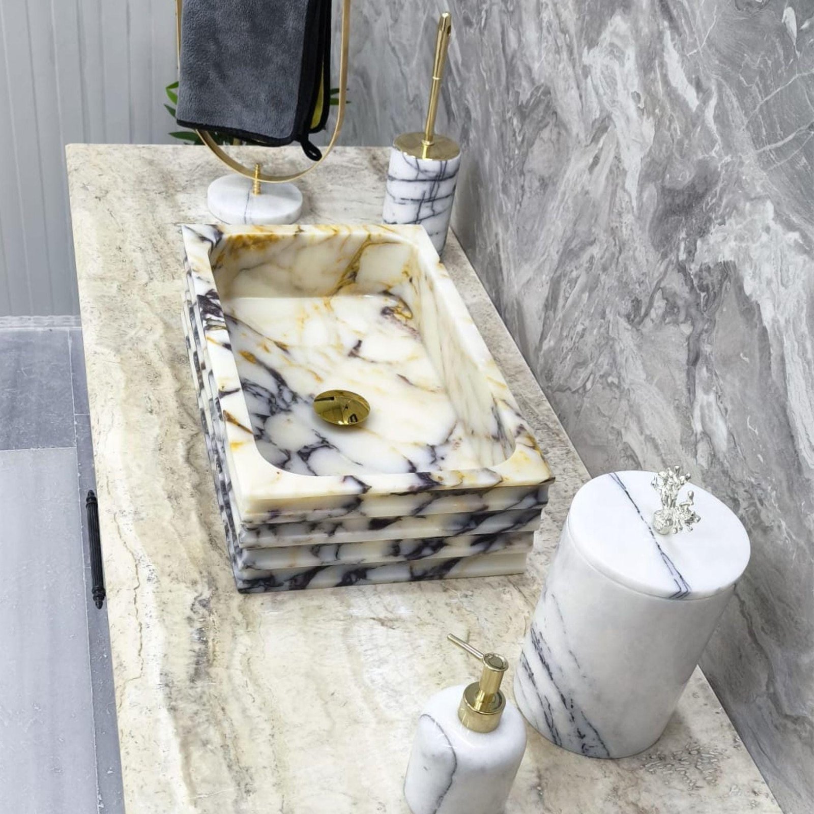 Calacatta Viola Mermer Lavabo – Altın Giderli Dikdörtgen Küçük Tezgah Üstü Lavabo, 12x20x5” - Görsel 6
