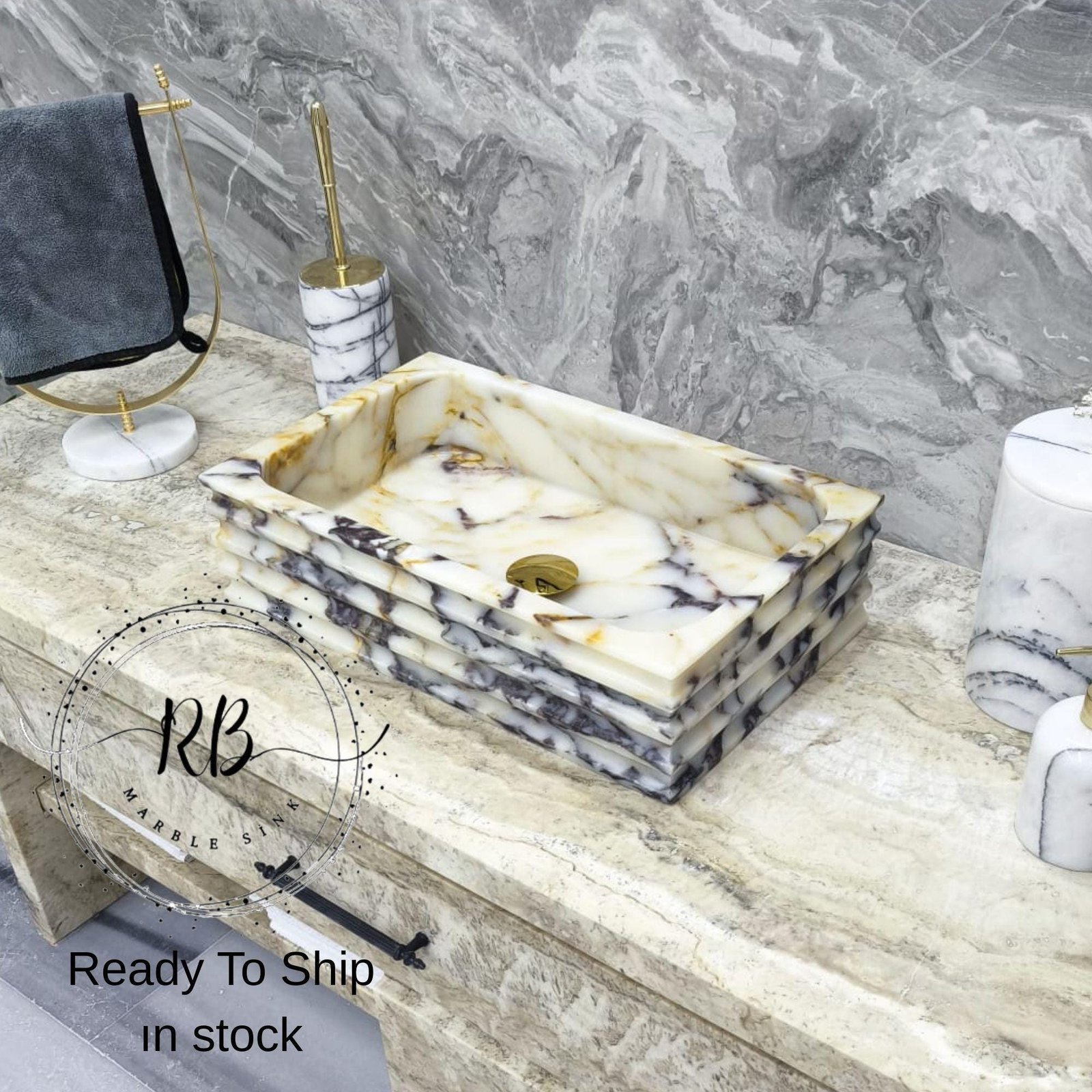 Calacatta Viola Mermer Lavabo – Altın Giderli Dikdörtgen Küçük Tezgah Üstü Lavabo, 12x20x5” - Görsel 7