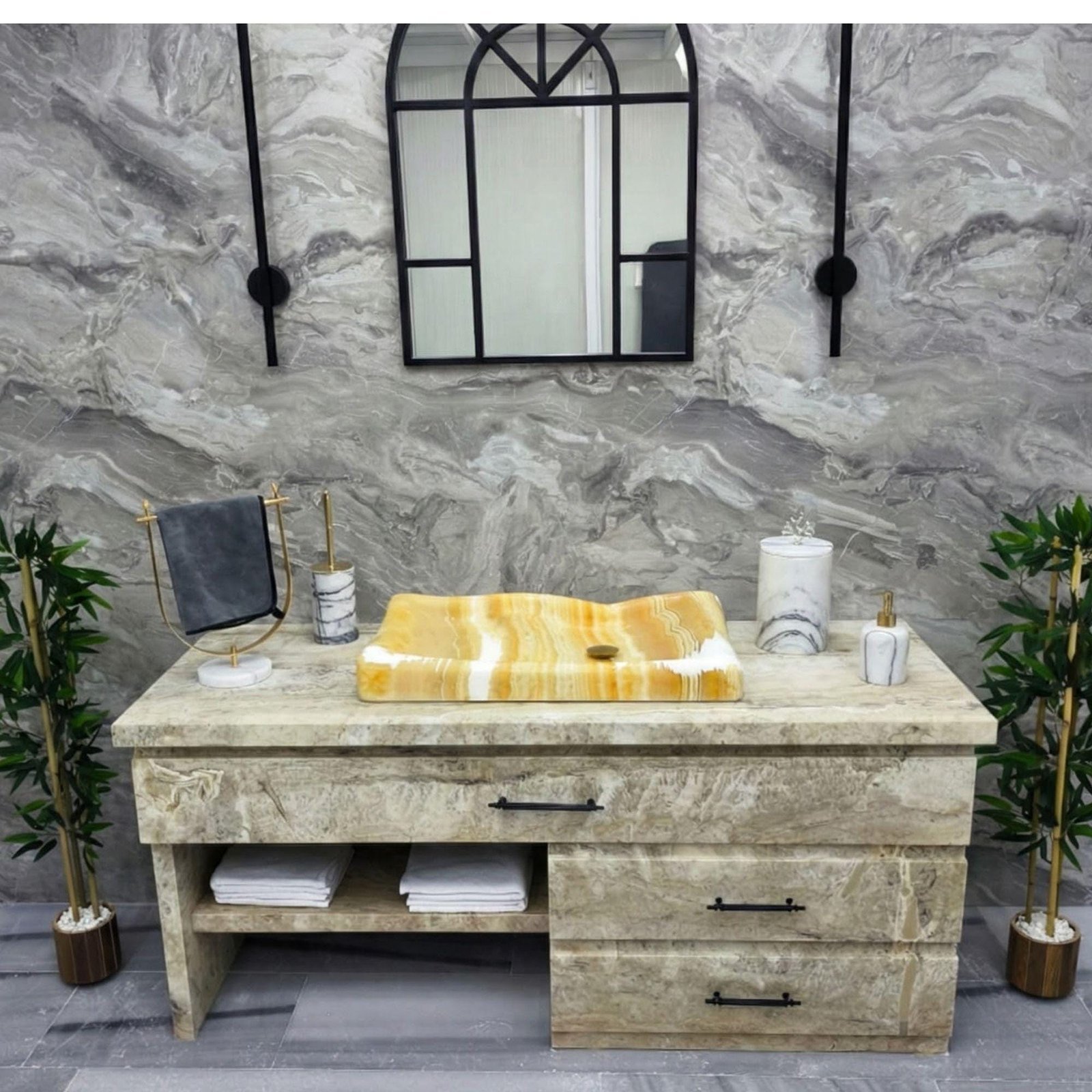 Yellow Onyx Mermer Lavabo – Altın Giderli Dikdörtgen Taş Tezgah Üstü Lavabo, 16x28x4” - Görsel 4