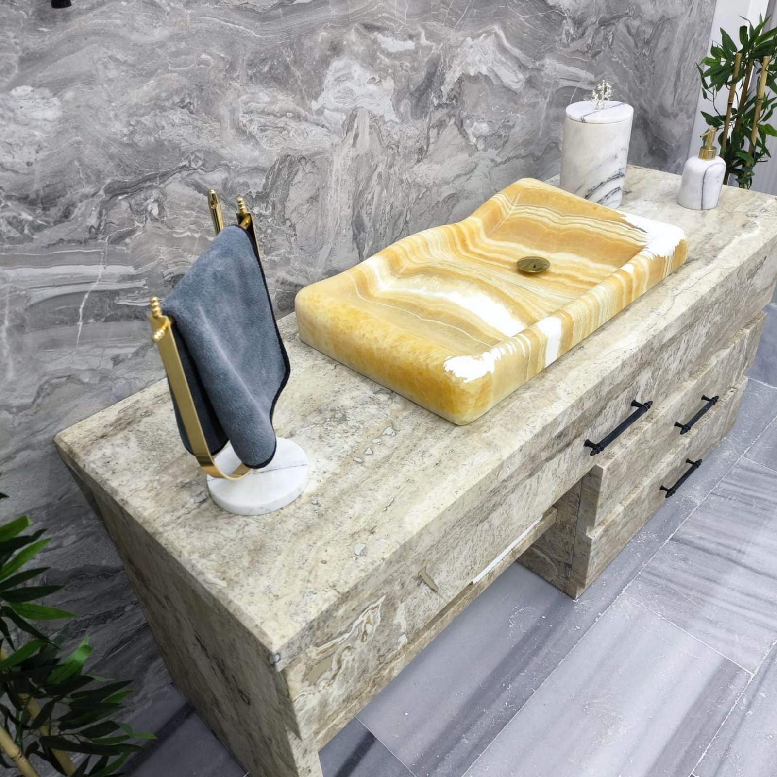 Yellow Onyx Mermer Lavabo – Altın Giderli Dikdörtgen Taş Tezgah Üstü Lavabo, 16x28x4” - Görsel 7
