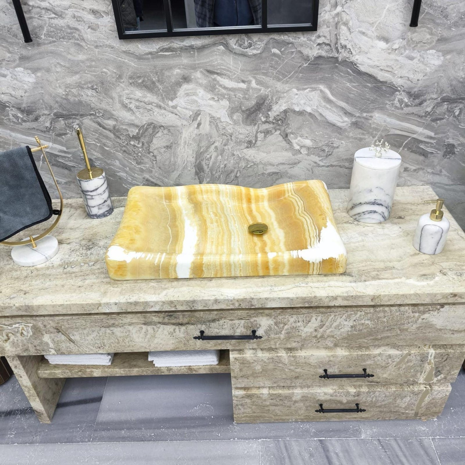 Yellow Onyx Mermer Lavabo – Altın Giderli Dikdörtgen Taş Tezgah Üstü Lavabo, 16x28x4” - Görsel 6