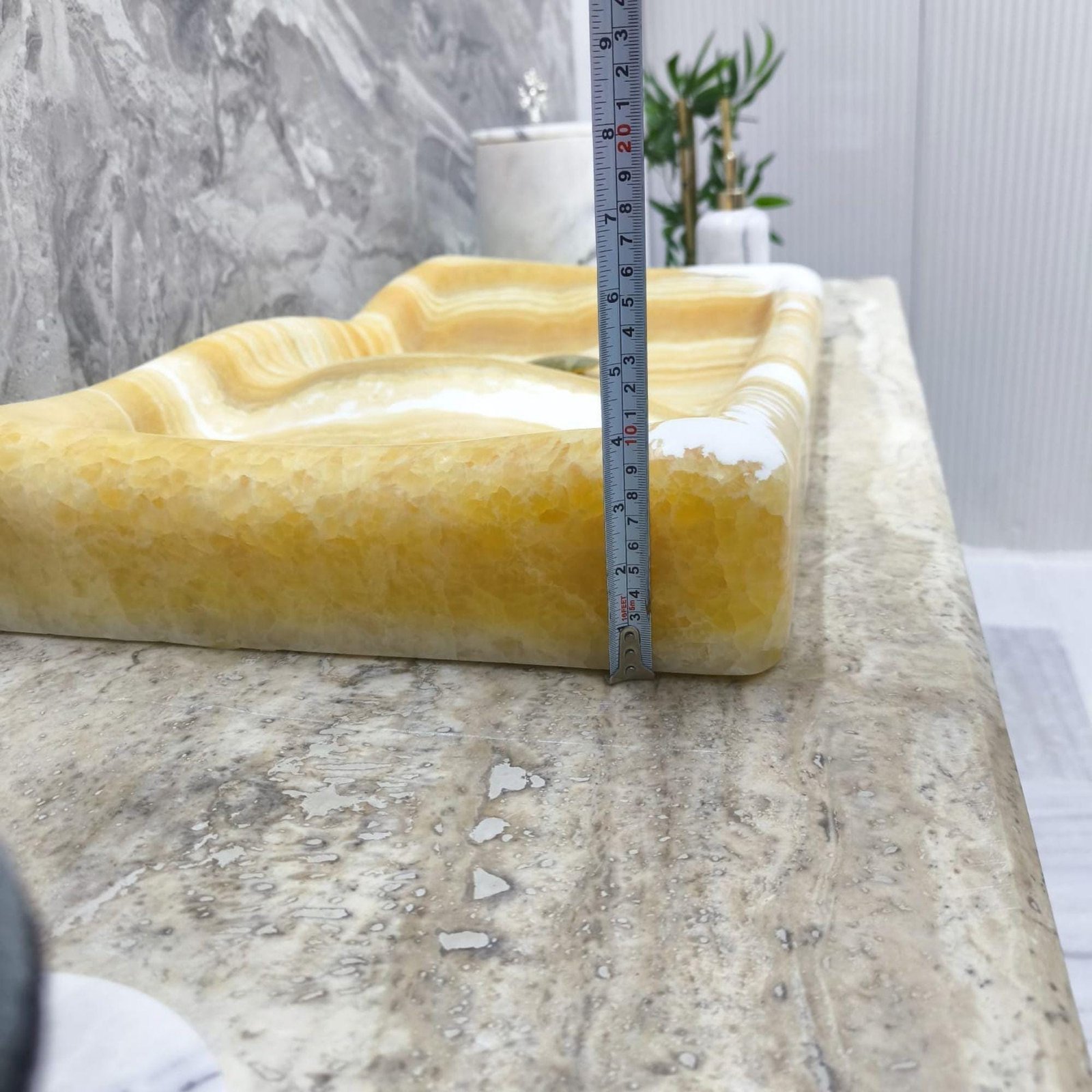 Yellow Onyx Mermer Lavabo – Altın Giderli Dikdörtgen Taş Tezgah Üstü Lavabo, 16x28x4” - Görsel 8