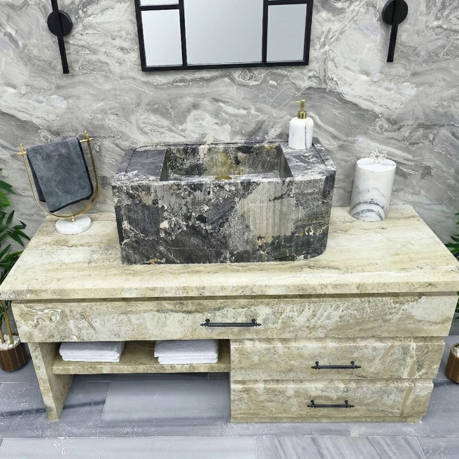 El Oyması Gri Mermer Lavabo – Dikdörtgen Kaburgalı Taş Tezgah Üstü Lavabo, 39x12x16”