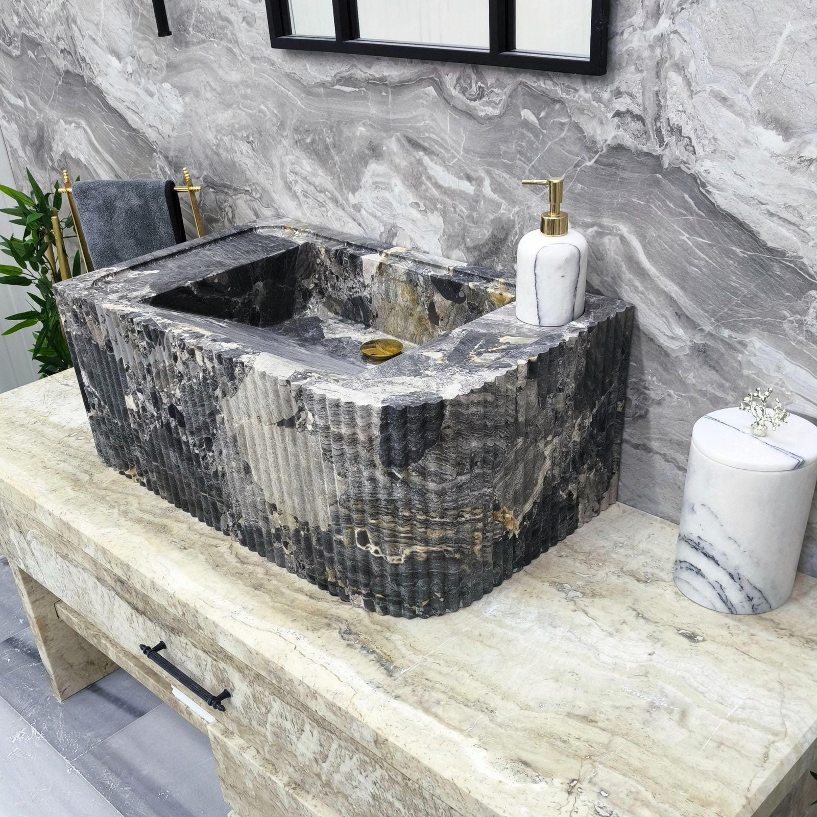 El Oyması Gri Mermer Lavabo – Dikdörtgen Kaburgalı Taş Tezgah Üstü Lavabo, 39x12x16” - Görsel 3