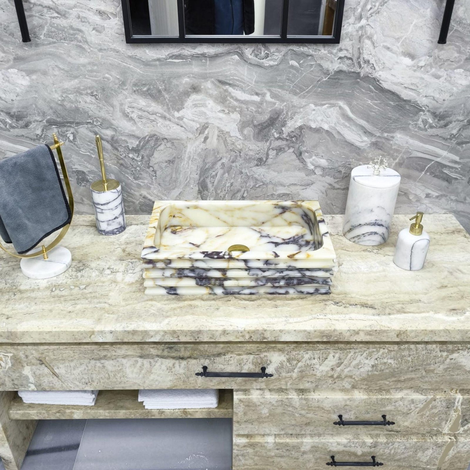 Calacatta Viola Mermer Lavabo – Altın Giderli Dikdörtgen Küçük Tezgah Üstü Lavabo, 12x20x5” - Görsel 5