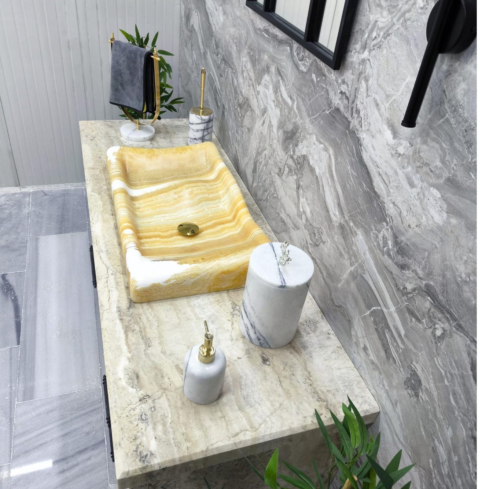 Yellow Onyx Mermer Lavabo – Altın Giderli Dikdörtgen Taş Tezgah Üstü Lavabo, 16x28x4” - Görsel 5