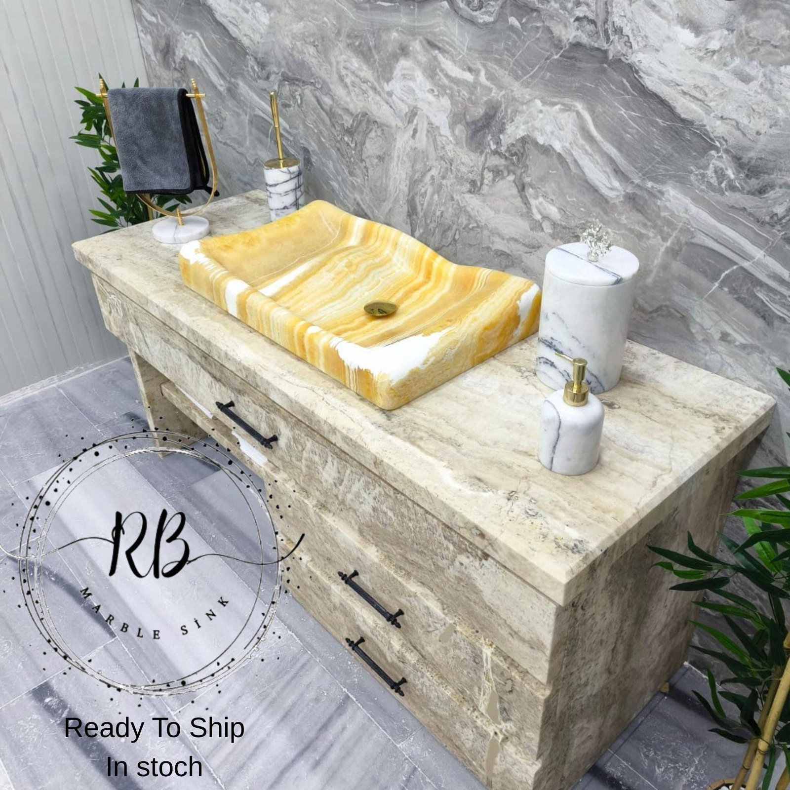 Yellow Onyx Mermer Lavabo – Altın Giderli Dikdörtgen Taş Tezgah Üstü Lavabo, 16x28x4” - Görsel 2