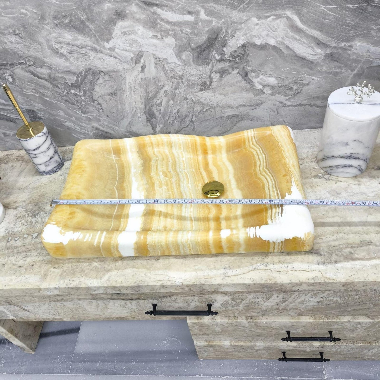 Yellow Onyx Mermer Lavabo – Altın Giderli Dikdörtgen Taş Tezgah Üstü Lavabo, 16x28x4” - Görsel 10