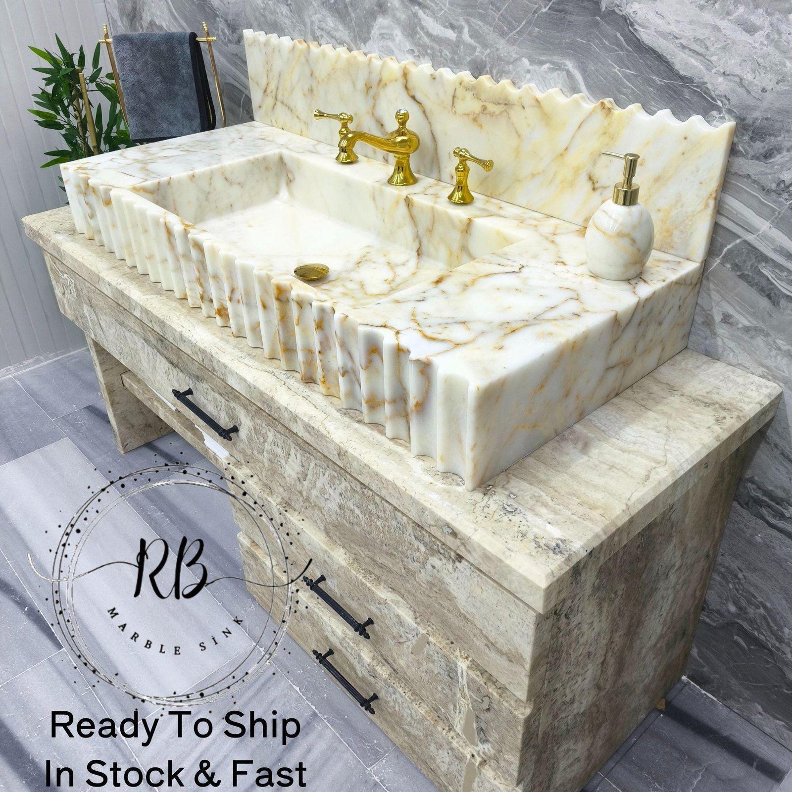Calacatta Gold Mermer Lavabo – Büyük Flütlü Çift Hazneli, 6” Sırt Panelli, 20x47x6 - Görsel 5