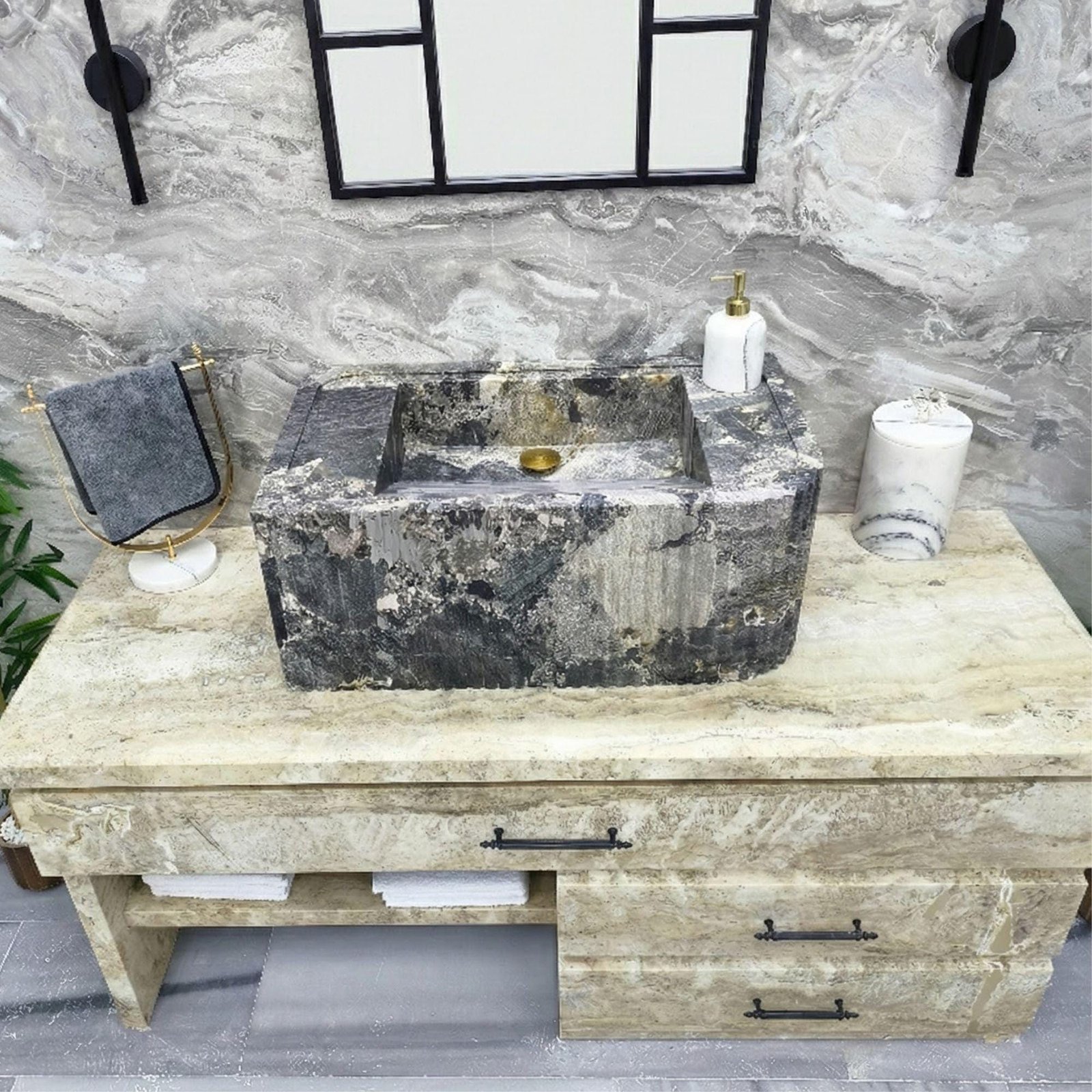 El Oyması Gri Mermer Lavabo – Dikdörtgen Kaburgalı Taş Tezgah Üstü Lavabo, 39x12x16” - Görsel 6