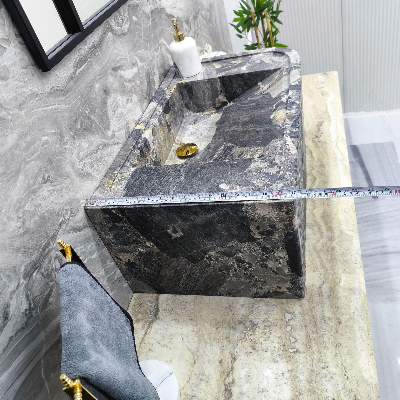 El Oyması Gri Mermer Lavabo – Dikdörtgen Kaburgalı Taş Tezgah Üstü Lavabo, 39x12x16” - Görsel 4