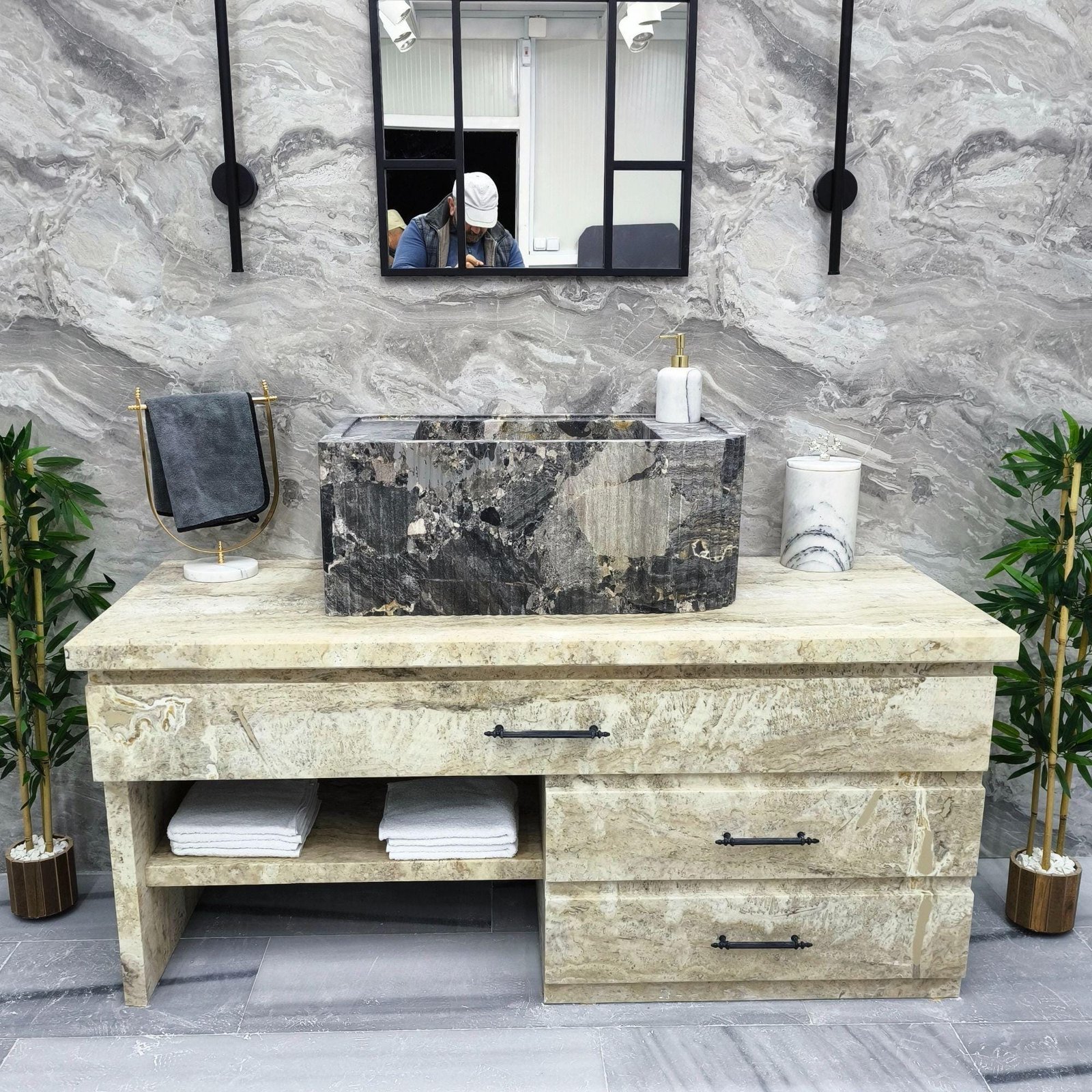 El Oyması Gri Mermer Lavabo – Dikdörtgen Kaburgalı Taş Tezgah Üstü Lavabo, 39x12x16” - Görsel 2