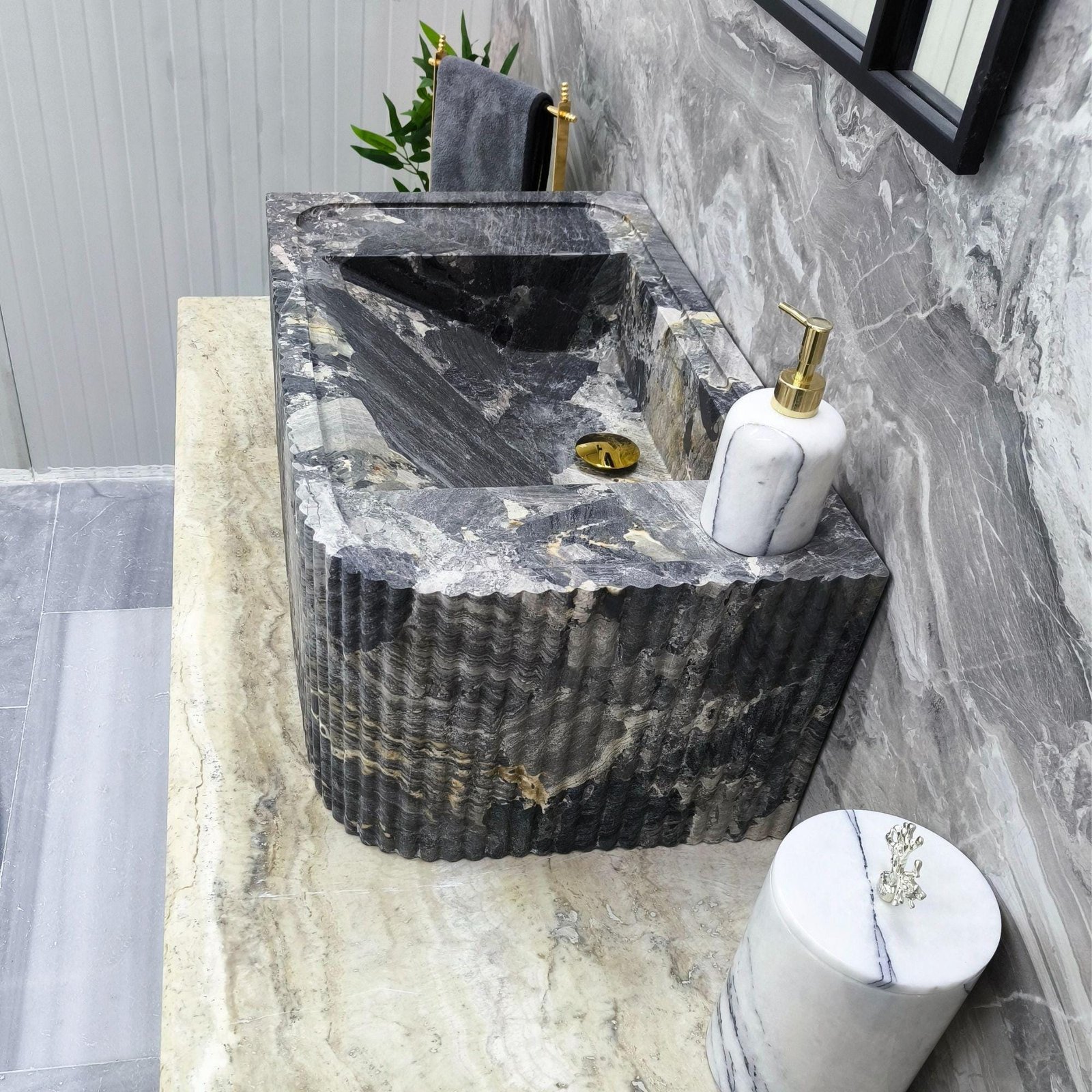 El Oyması Gri Mermer Lavabo – Dikdörtgen Kaburgalı Taş Tezgah Üstü Lavabo, 39x12x16” - Görsel 8