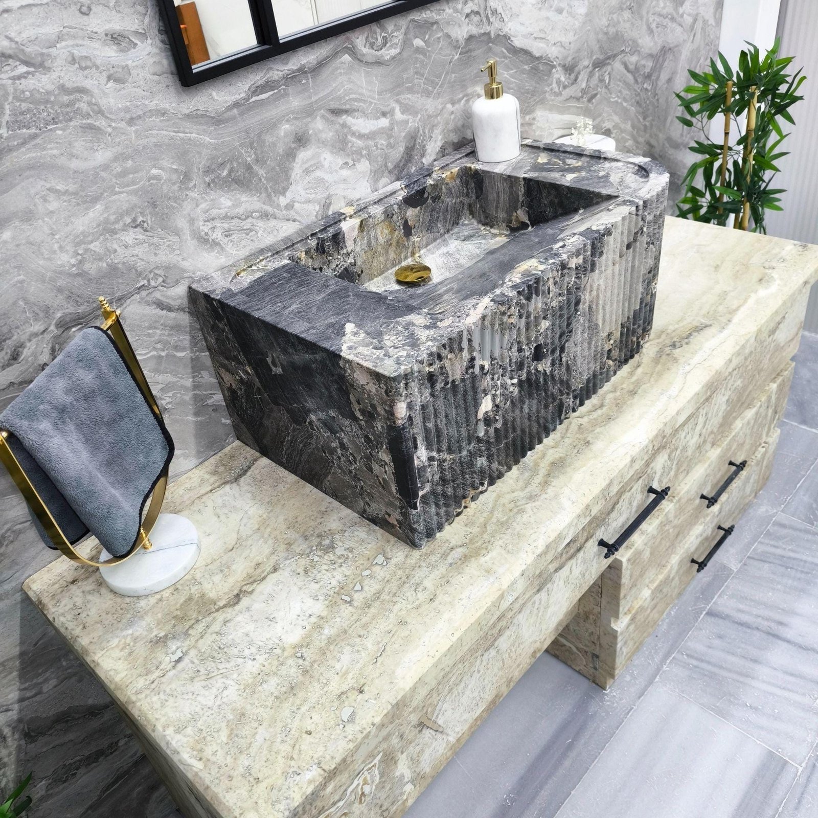 El Oyması Gri Mermer Lavabo – Dikdörtgen Kaburgalı Taş Tezgah Üstü Lavabo, 39x12x16” - Görsel 7