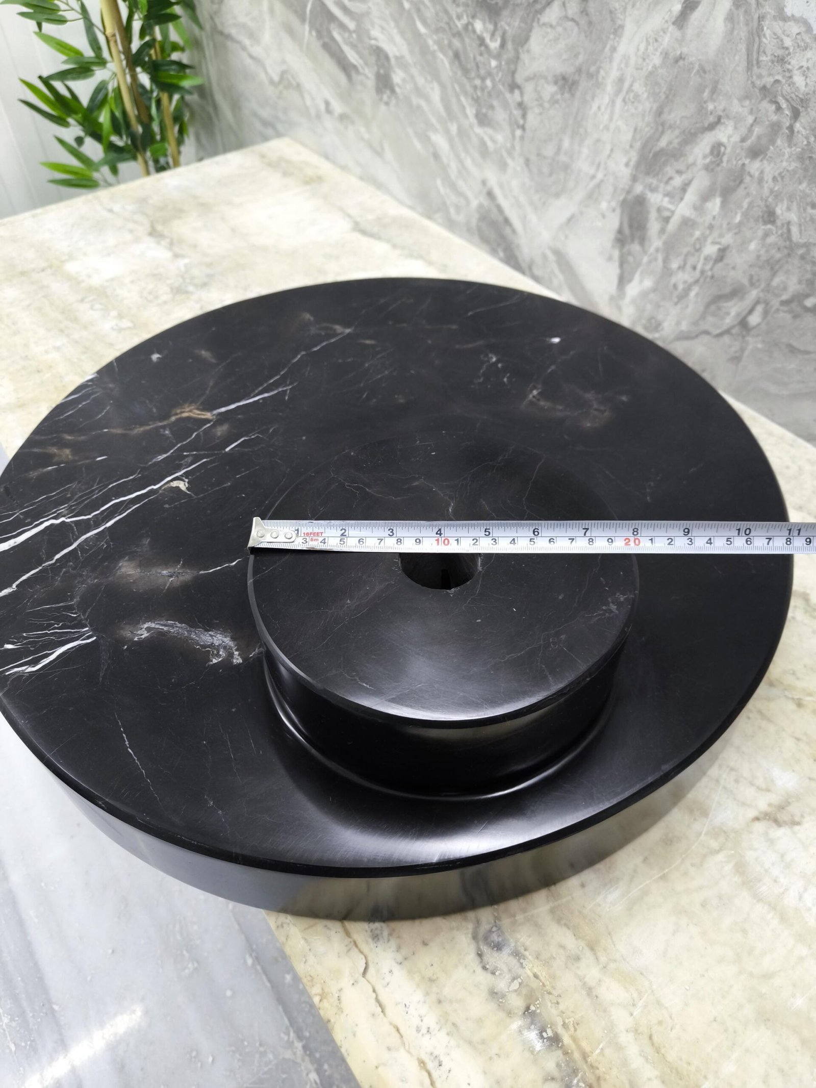 Nero Marquina Mermer Lavabo – Yuvarlak Siyah Tezgah Üstü Banyo Lavabosu (56 cm) - Görsel 6