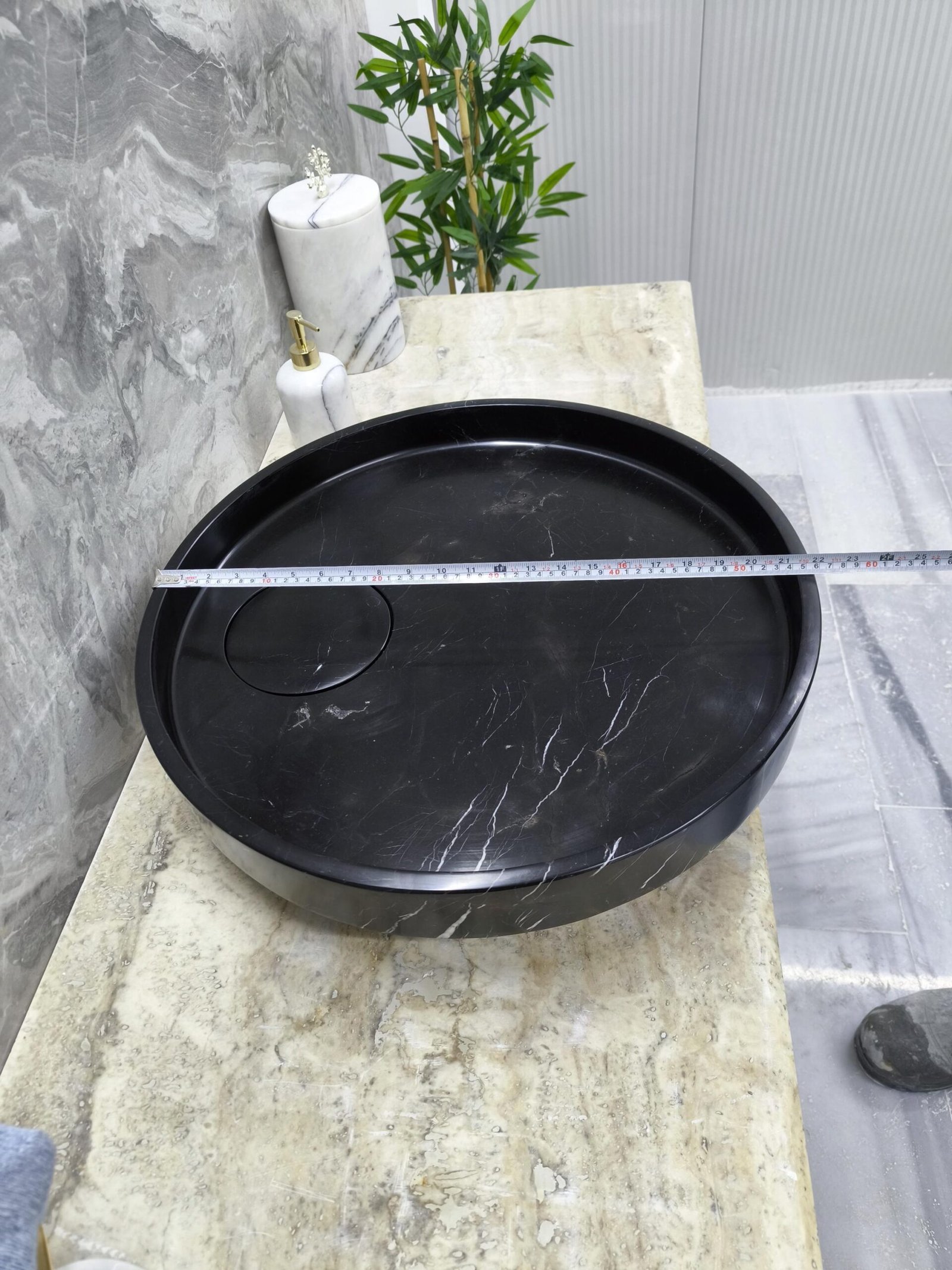 Nero Marquina Mermer Lavabo – Yuvarlak Siyah Tezgah Üstü Banyo Lavabosu (56 cm) - Görsel 7