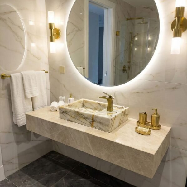 Calacatta Gold Mermer Lavabo – Fırçalanmış Pirinç Bataryalı Dikdörtgen Tezgah Üstü Lavabo