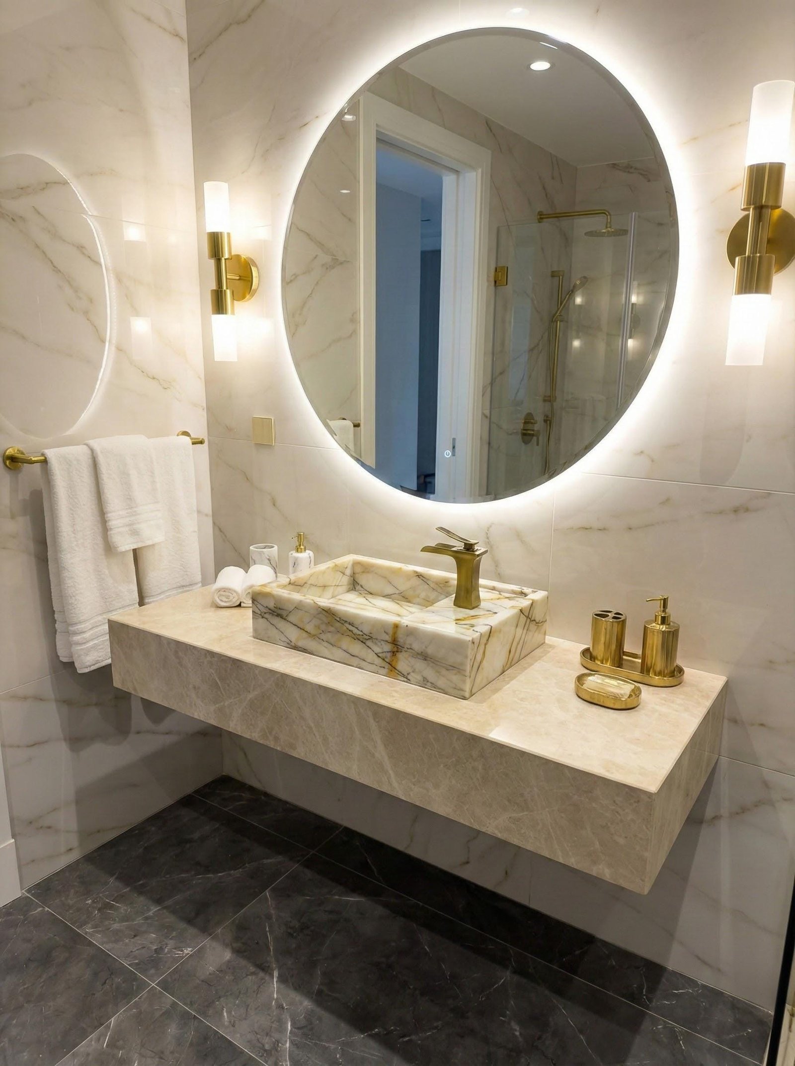 Calacatta Gold Mermer Lavabo – Fırçalanmış Pirinç Bataryalı Dikdörtgen Tezgah Üstü Lavabo