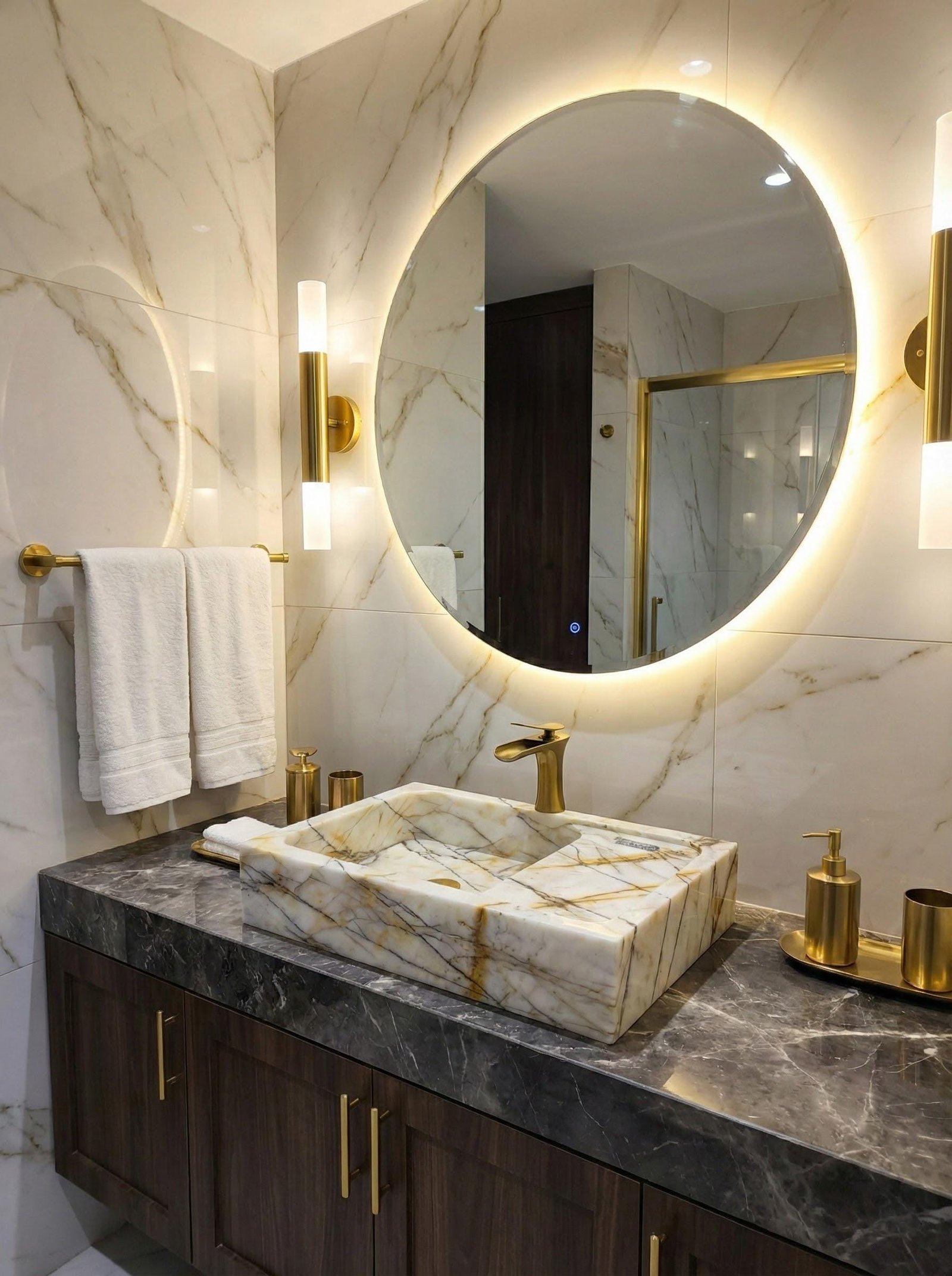 Calacatta Gold Mermer Lavabo – Fırçalanmış Pirinç Bataryalı Dikdörtgen Tezgah Üstü Lavabo - Görsel 10