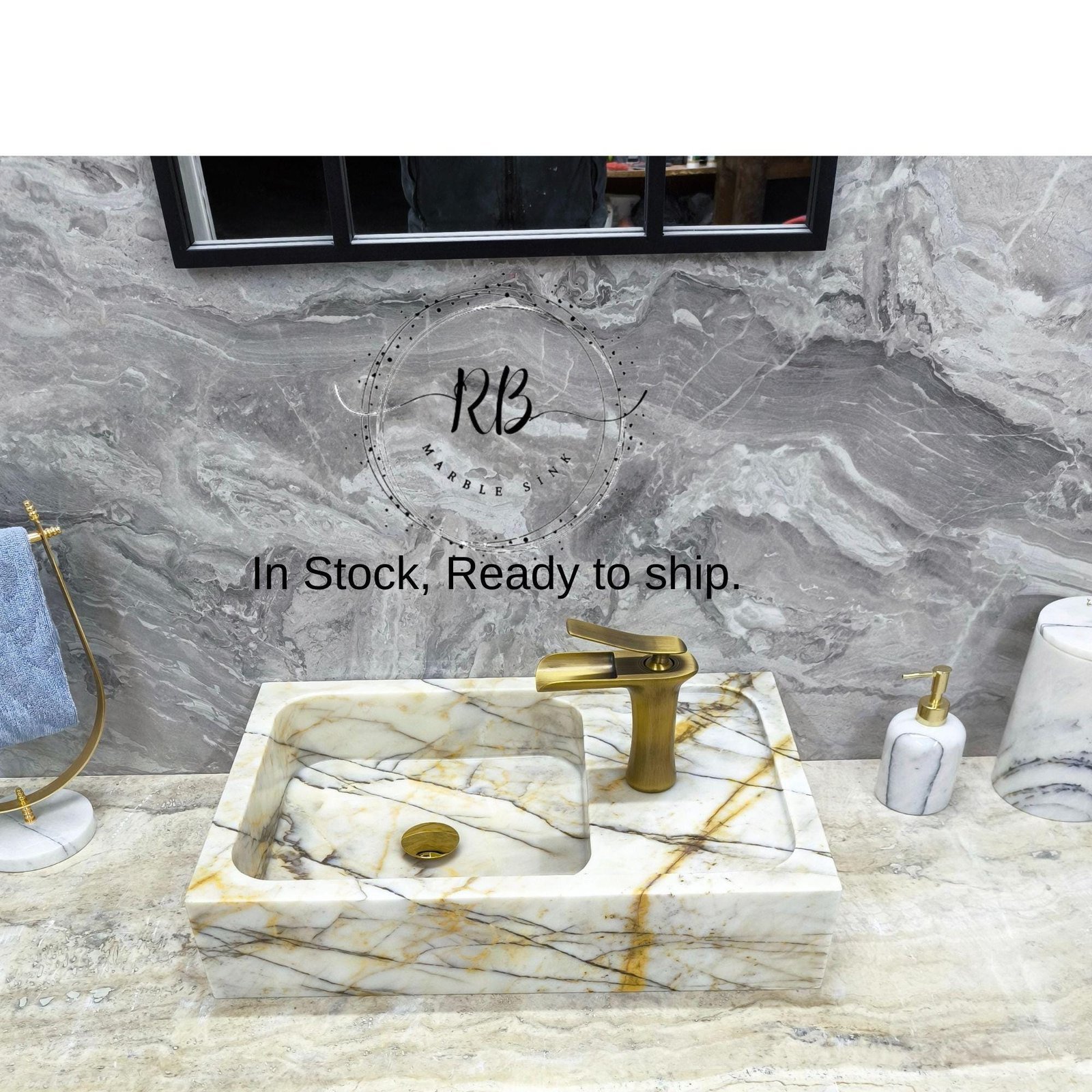Calacatta Gold Mermer Lavabo – Fırçalanmış Pirinç Bataryalı Dikdörtgen Tezgah Üstü Lavabo - Görsel 2