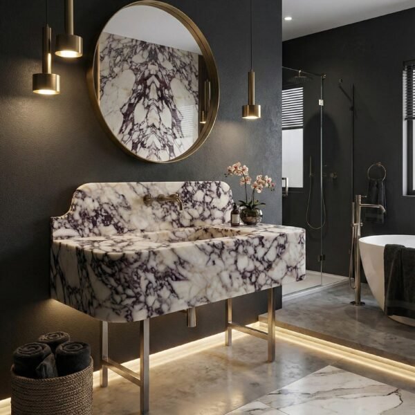 Calacatta Viola Mermer Lavabo – Sırt Panelli (Backsplash) Modern Dikdörtgen Banyo Tezgahı
