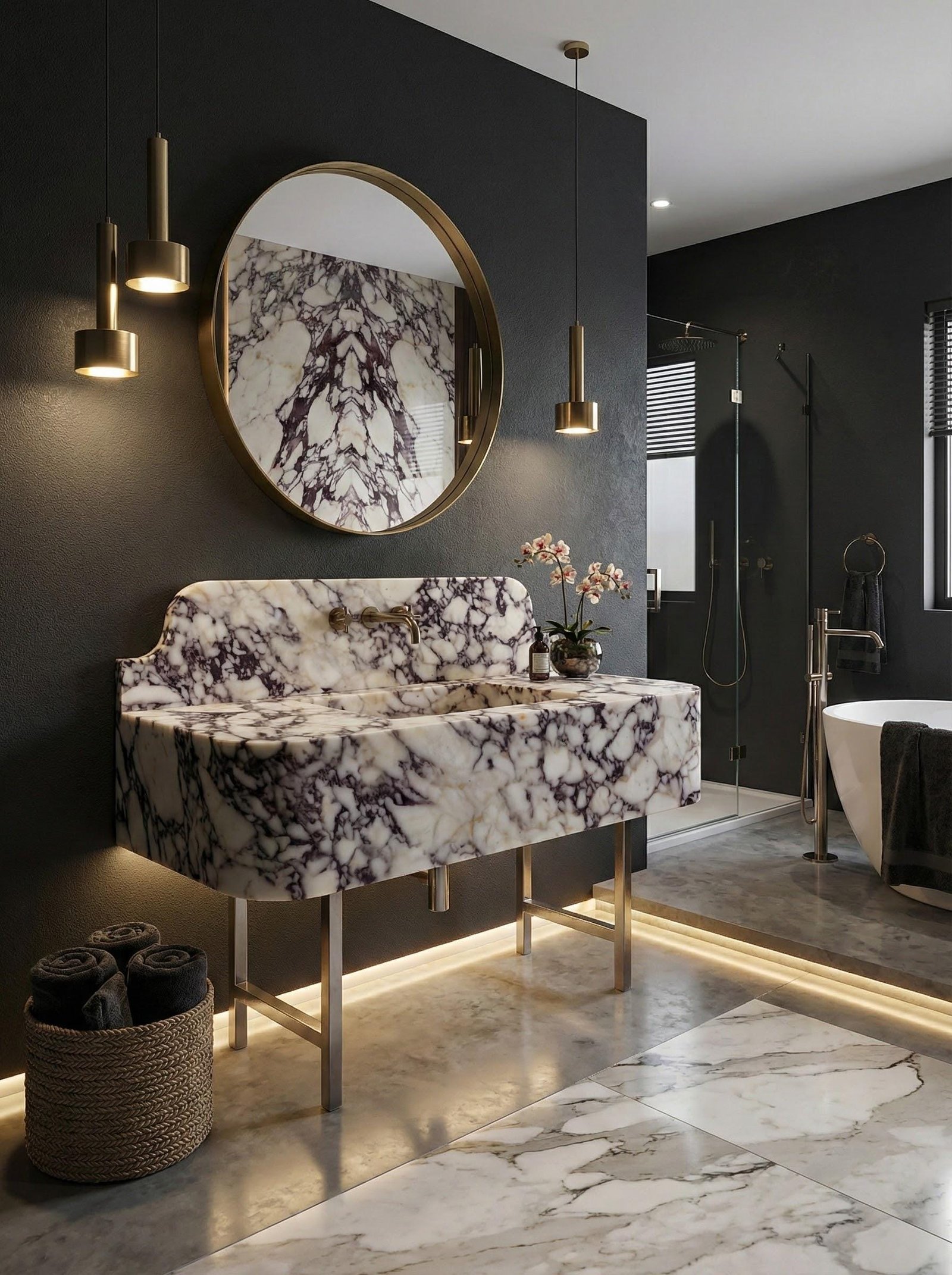 Calacatta Viola Mermer Lavabo – Sırt Panelli (Backsplash) Modern Dikdörtgen Banyo Tezgahı