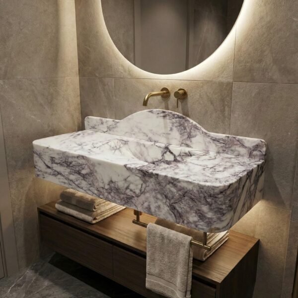 Lilac Mermer Lavabo – Sırt Panelli Heykelsi Lüks Banyo Tezgahı (20x54)