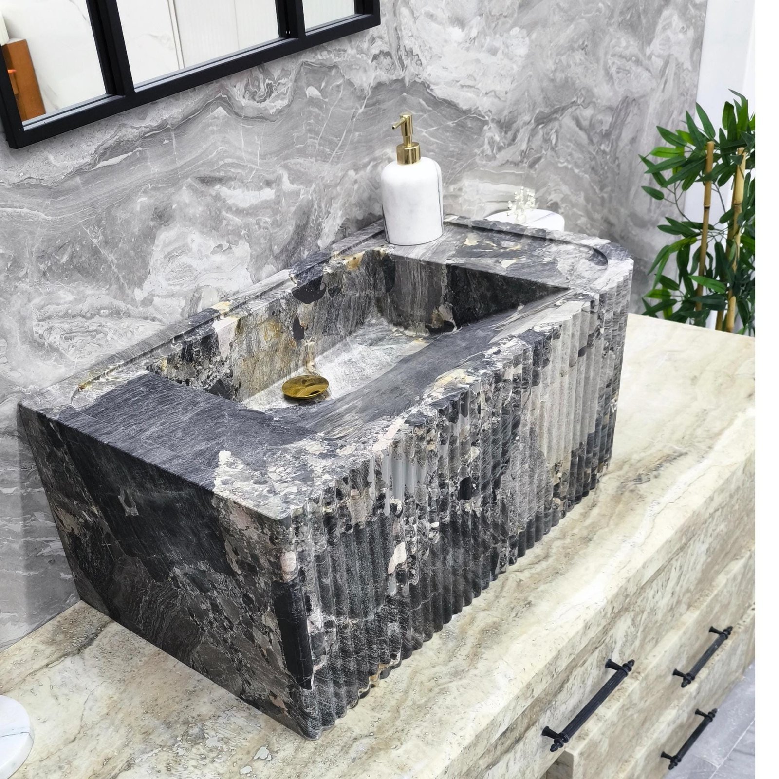 Gri Mermer Lavabo – Yüksek Formlu Dikdörtgen Lüks Banyo Lavabosu (30") - Görsel 2