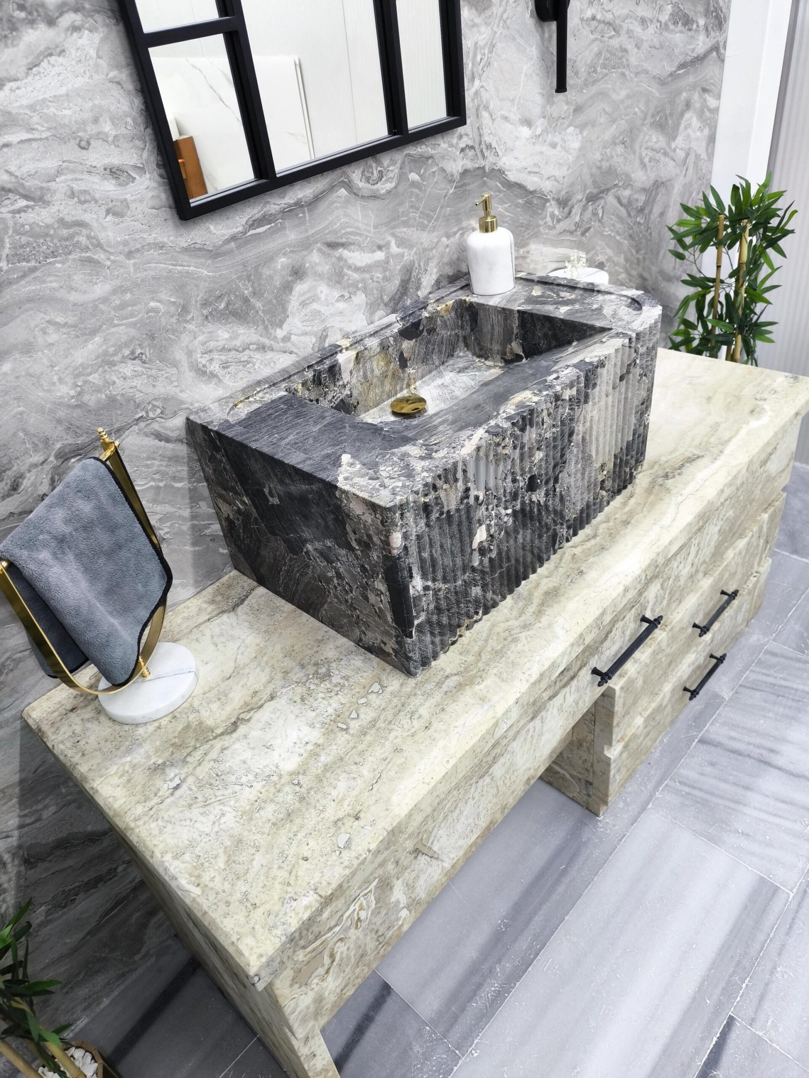 Gri Mermer Lavabo – Yüksek Formlu Dikdörtgen Lüks Banyo Lavabosu (30") - Görsel 8