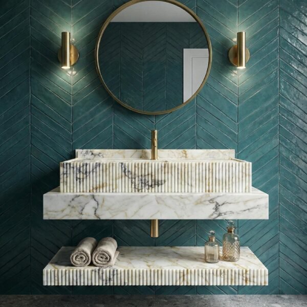 Calacatta Gold Viola Mermer Lavabo ve Raf Seti – Yivli (Fluted) Lüks Banyo Vanity (50")