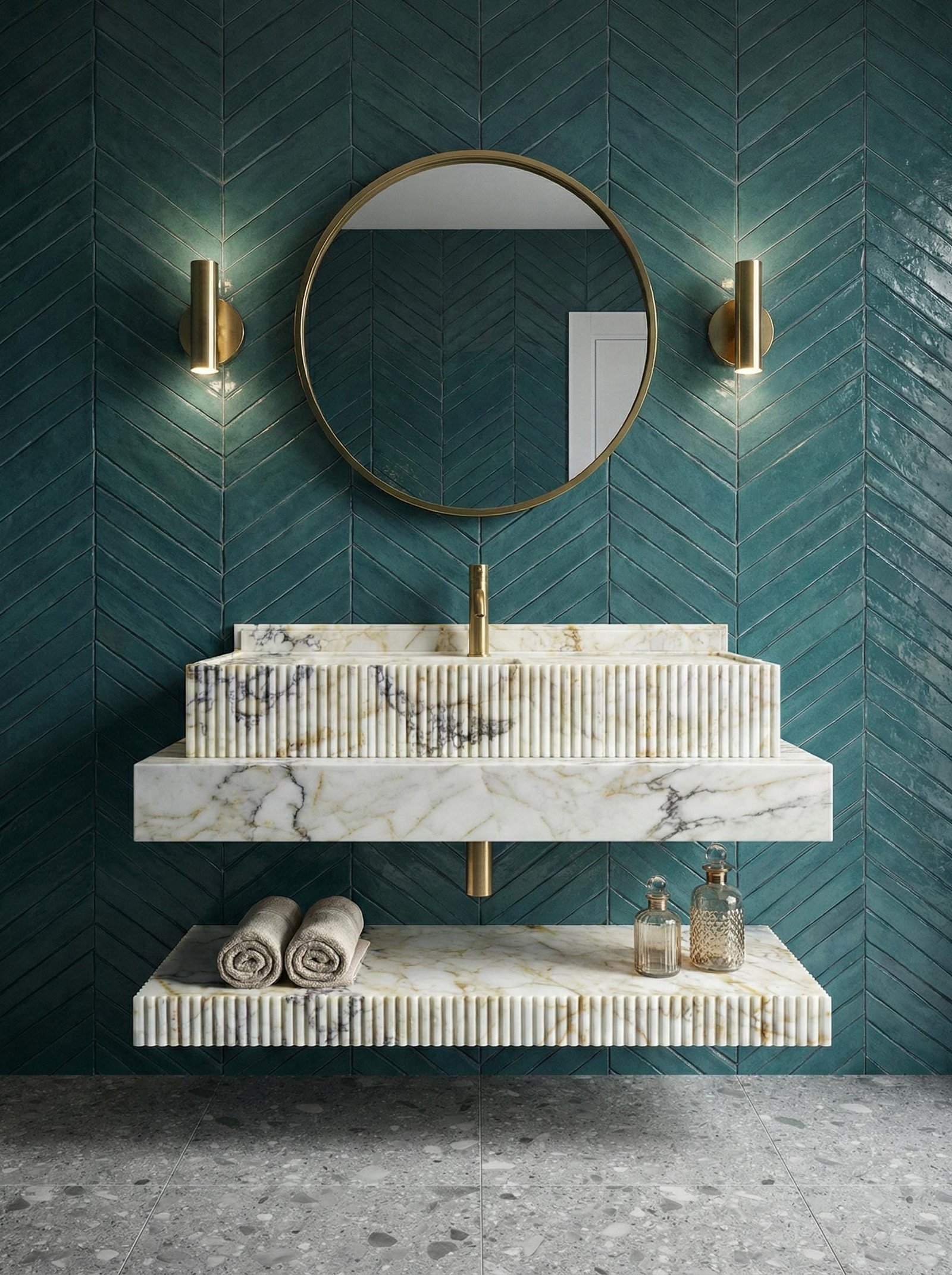 Calacatta Gold Viola Mermer Lavabo ve Raf Seti – Yivli (Fluted) Lüks Banyo Vanity (50")