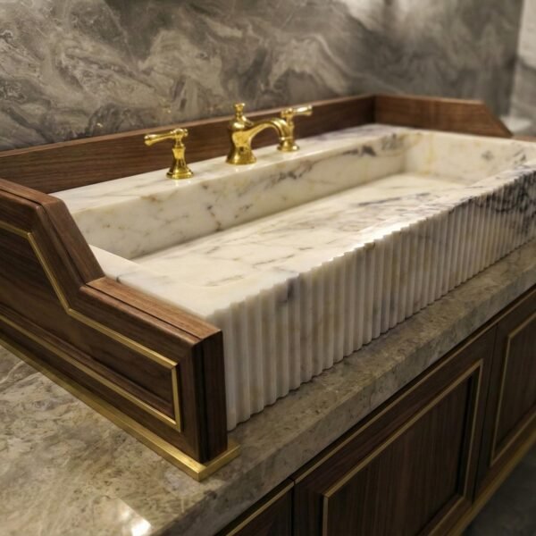 Calacatta Gold Mermer Lavabo – Yivli Uzun Lüks Banyo Tezgahı (40")