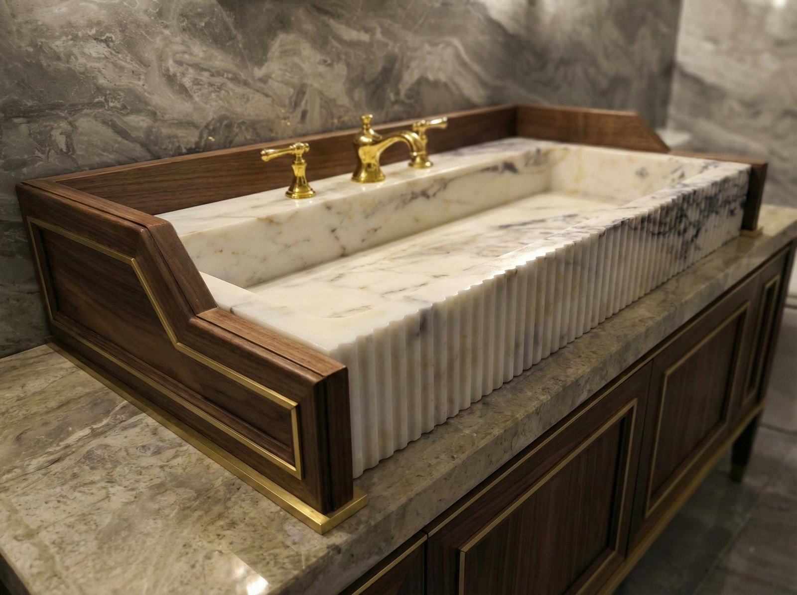 Calacatta Gold Mermer Lavabo – Yivli Uzun Lüks Banyo Tezgahı (40")