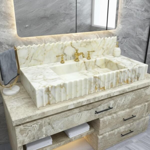 Calacatta Gold Mermer Lavabo – Büyük Flütlü Çift Hazneli, 6” Sırt Panelli, 20x47x6