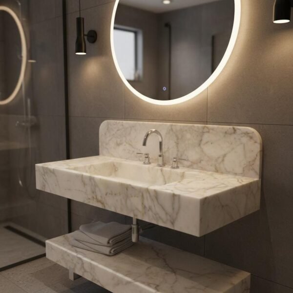 Calacatta Gold Mermer Lavabo – Yüksek Sırtlıklı (Backsplash) Lüks Vanity Top (47")