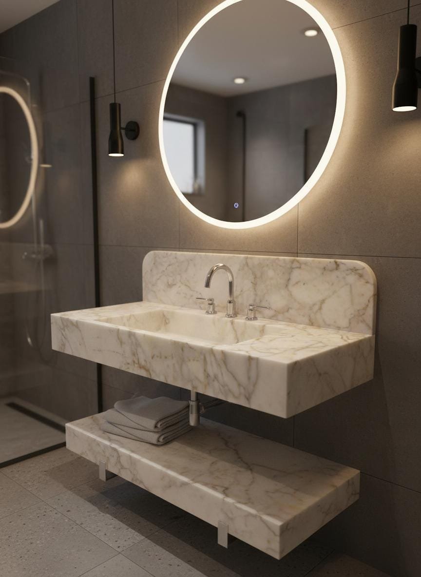 Calacatta Gold Mermer Lavabo – Yüksek Sırtlıklı (Backsplash) Lüks Vanity Top (47")