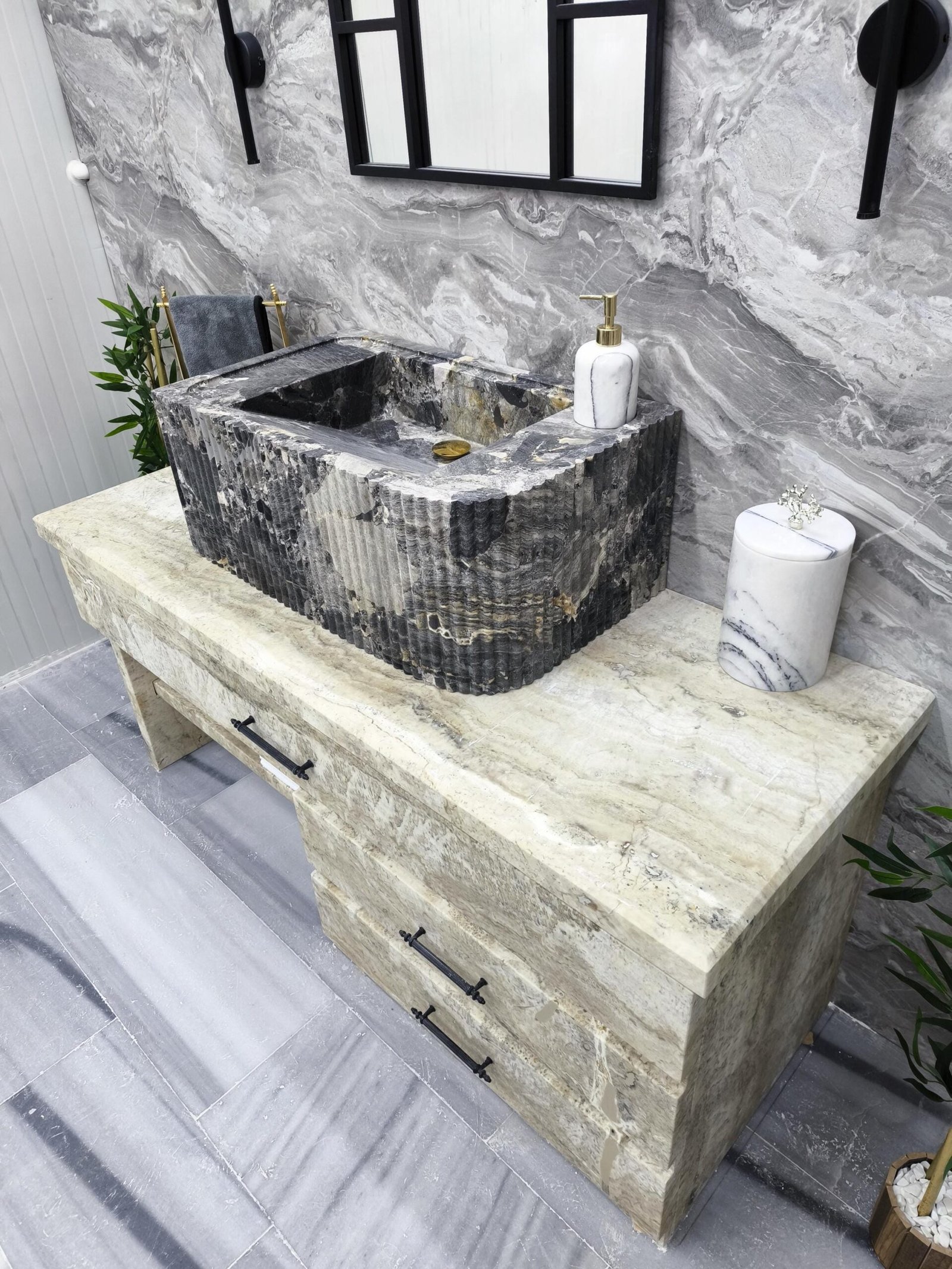 Gri Mermer Lavabo – Yüksek Formlu Dikdörtgen Lüks Banyo Lavabosu (30") - Görsel 6