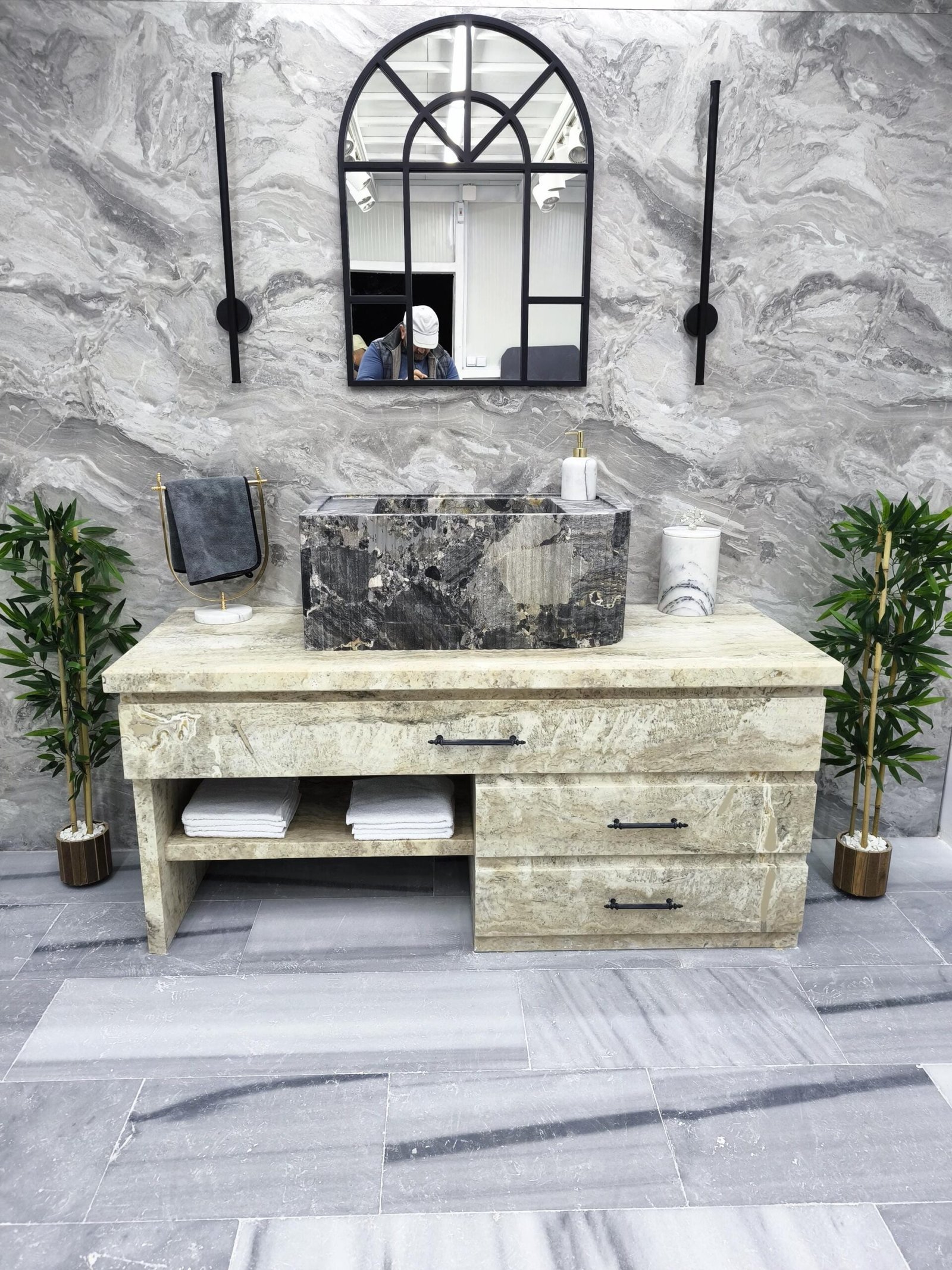 Gri Mermer Lavabo – Yüksek Formlu Dikdörtgen Lüks Banyo Lavabosu (30") - Görsel 3