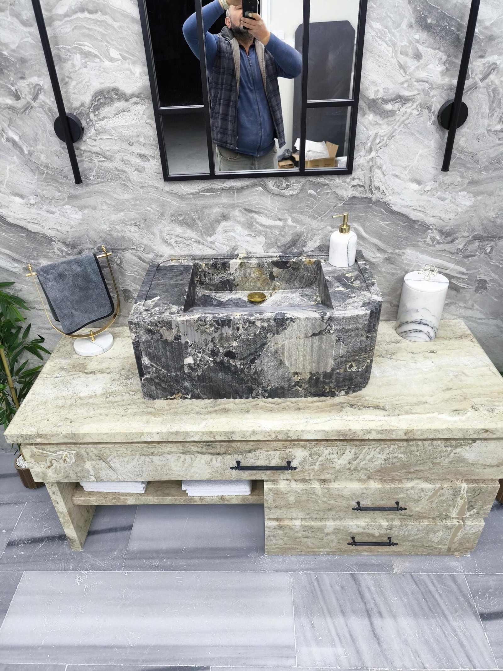 Gri Mermer Lavabo – Yüksek Formlu Dikdörtgen Lüks Banyo Lavabosu (30") - Görsel 5