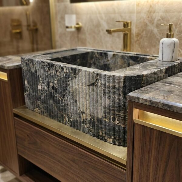 Gri Mermer Lavabo – Yüksek Formlu Dikdörtgen Lüks Banyo Lavabosu (30")