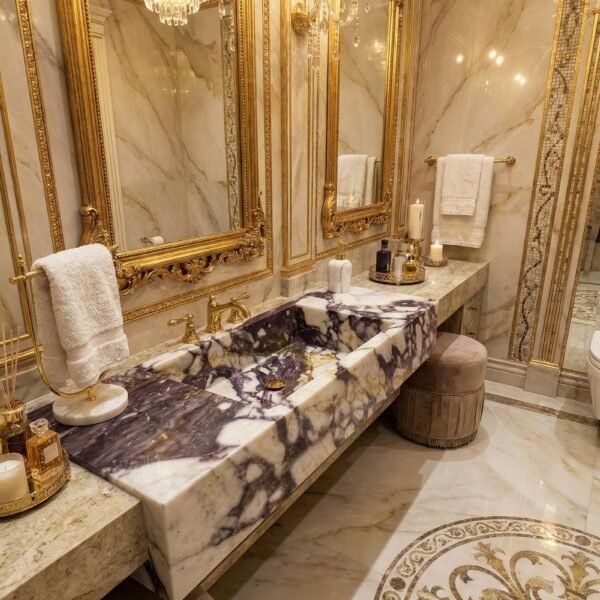 Calacatta Violet Mermer Lavabo – Modern Dikdörtgen Lüks Banyo Tezgahı (48")