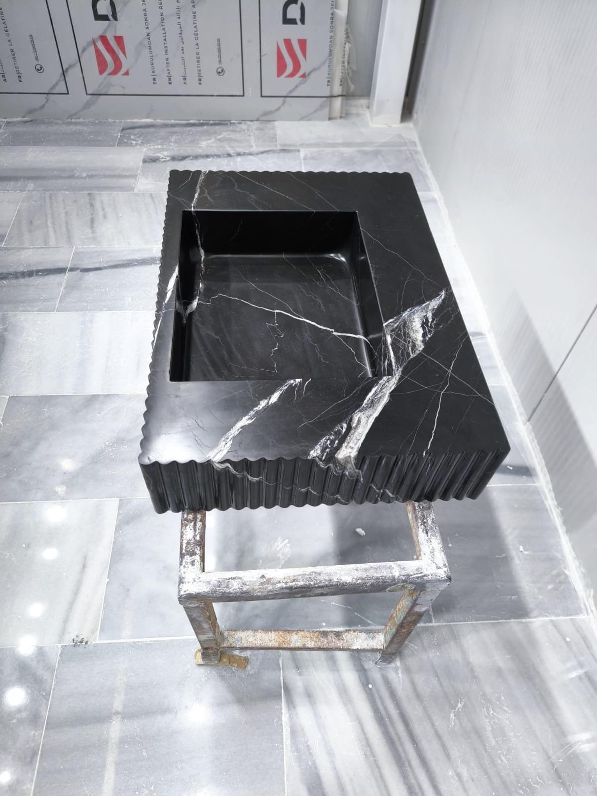 Nero Marquina Mermer Lavabo – Yivli Dikdörtgen Siyah Lüks Banyo Tezgahı - Görsel 3