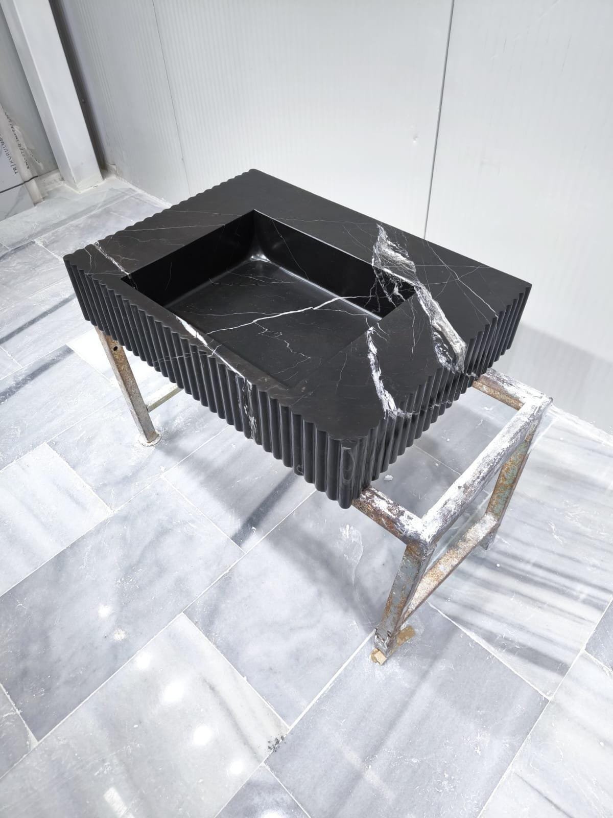 Nero Marquina Mermer Lavabo – Yivli Dikdörtgen Siyah Lüks Banyo Tezgahı - Görsel 6