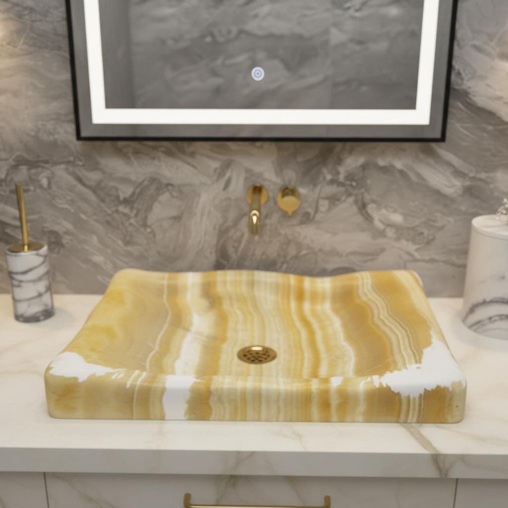 Yellow Onyx Mermer Lavabo – Altın Giderli Dikdörtgen Taş Tezgah Üstü Lavabo, 16x28x4”