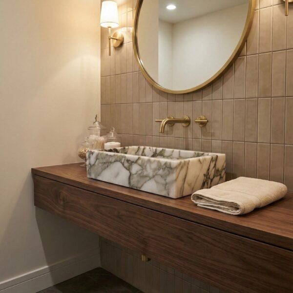 Calacatta Monet Mermer Lavabo – İtalyan Doğal Taş Lüks Tezgah Üstü Lavabo (12x20)