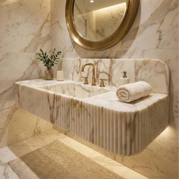 Calacatta Gold Mermer Lavabo – Sırt Panelli El Yapımı Lüks Banyo Tezgahı