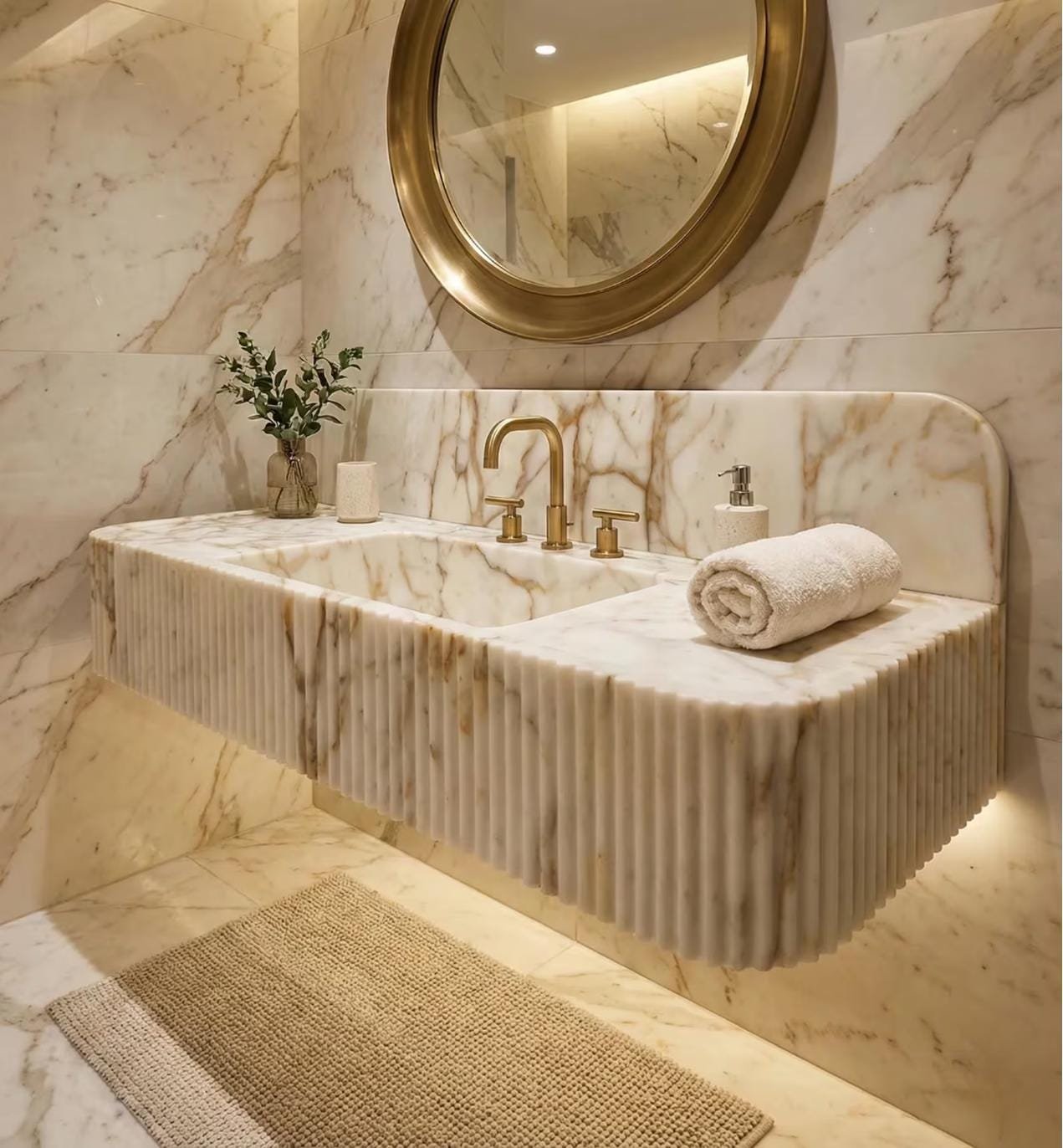 Calacatta Gold Mermer Lavabo – Sırt Panelli El Yapımı Lüks Banyo Tezgahı