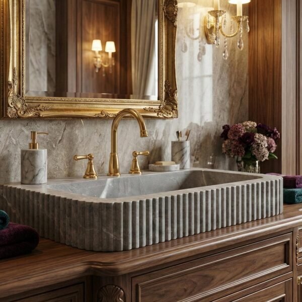 Tundra Gri Mermer Lavabo – Yivli (Fluted) Modern Taş Banyo Tezgahı (32")