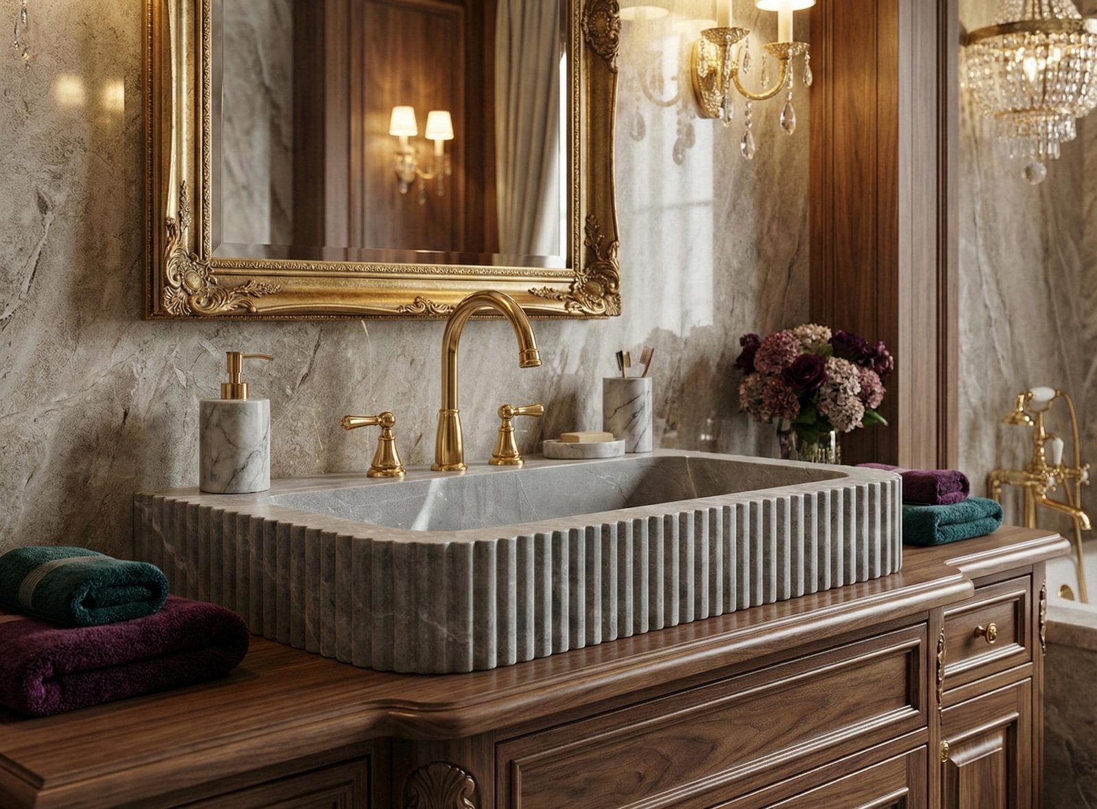 Tundra Gri Mermer Lavabo – Yivli (Fluted) Modern Taş Banyo Tezgahı (32")