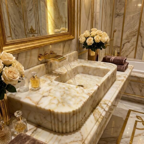 Calacatta Gold Mermer Lavabo – Sırt Panelli (Backsplash) Yivli Lüks Banyo Tezgahı